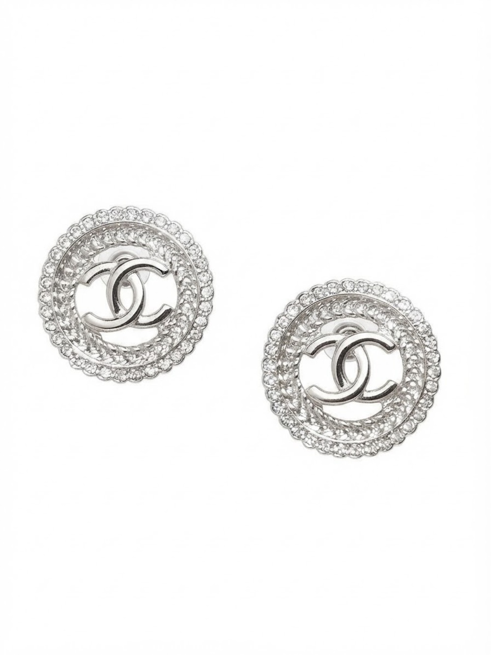 Silver Tone Crystal Interlocking Letter Round Stud Earrings